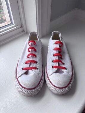 Converse White Canvas Low-Top Sneakers with Red Elastics